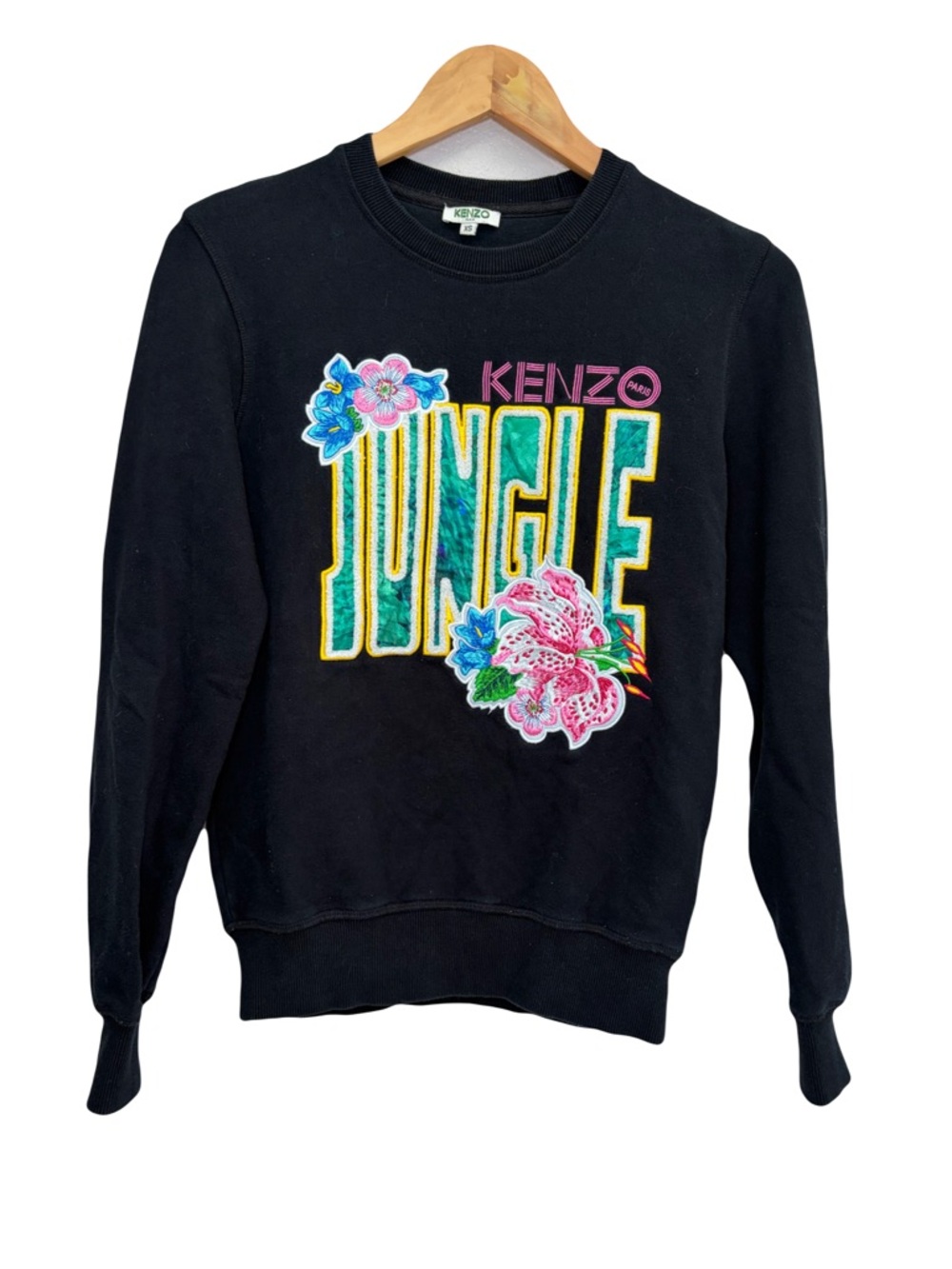 KENZO PARIS X DISNEY Jungle Book Solid Black Floral Embroiderd Sweatshirt XS